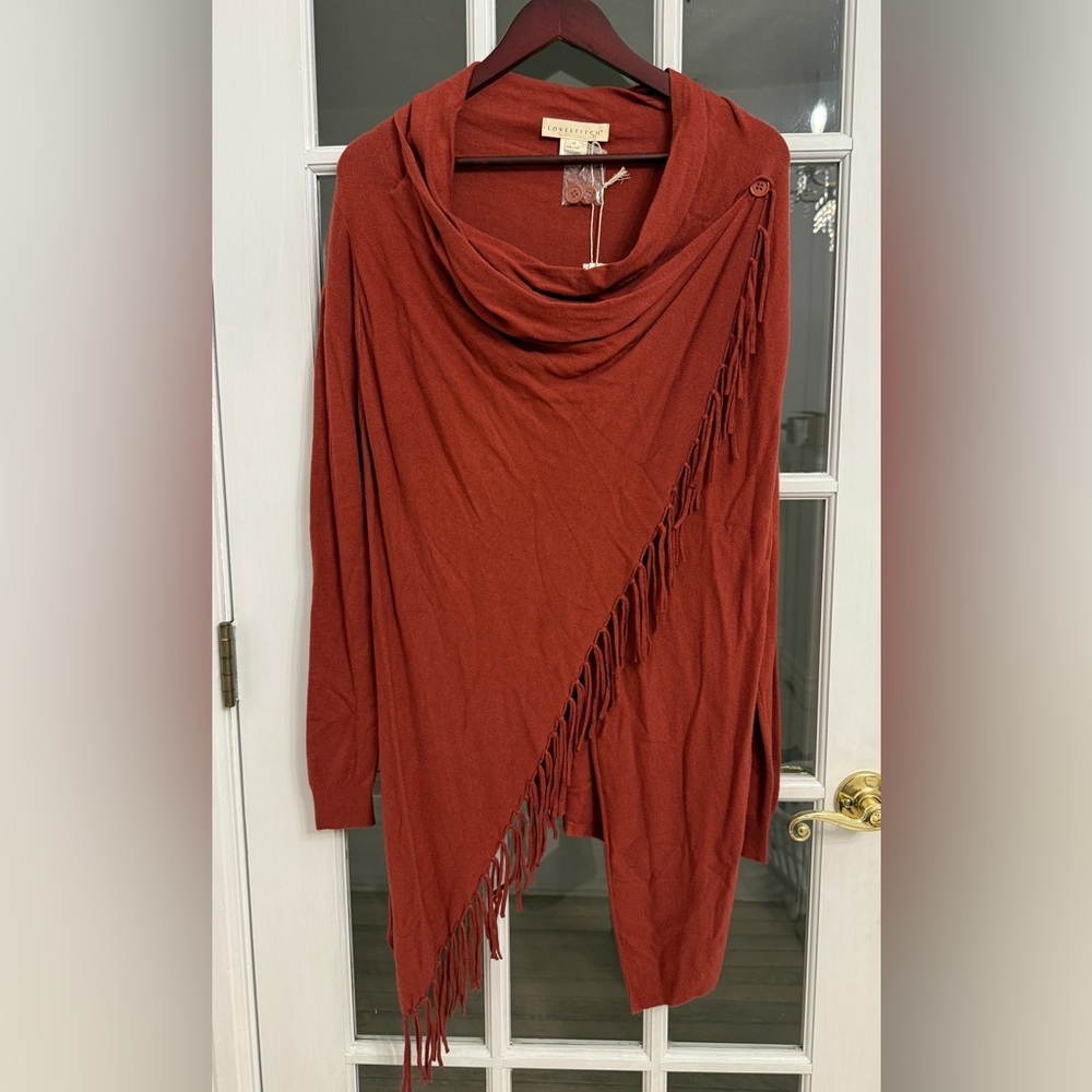 ANTHROPOLOGIE LOVESTITCH Women's Red Orange Fringe Wrap Poncho Size M NEW